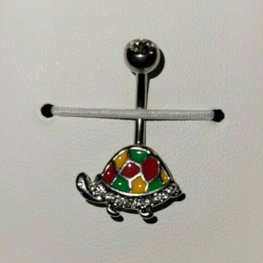 Enamel & CZ paved Turtle 316L Surgical Steel Belly Button Navel Ring Red